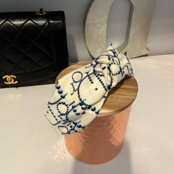 Repurposed DIOR Scarf Cream and Blue Headband - Picture 3 of 7